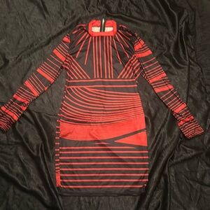 Red Black Bodycon Long Sleeve Dress L Large NEW